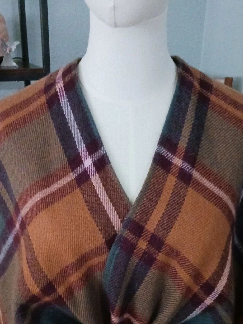 David and Young Caramel and Teal Plaid Fringe Wrap